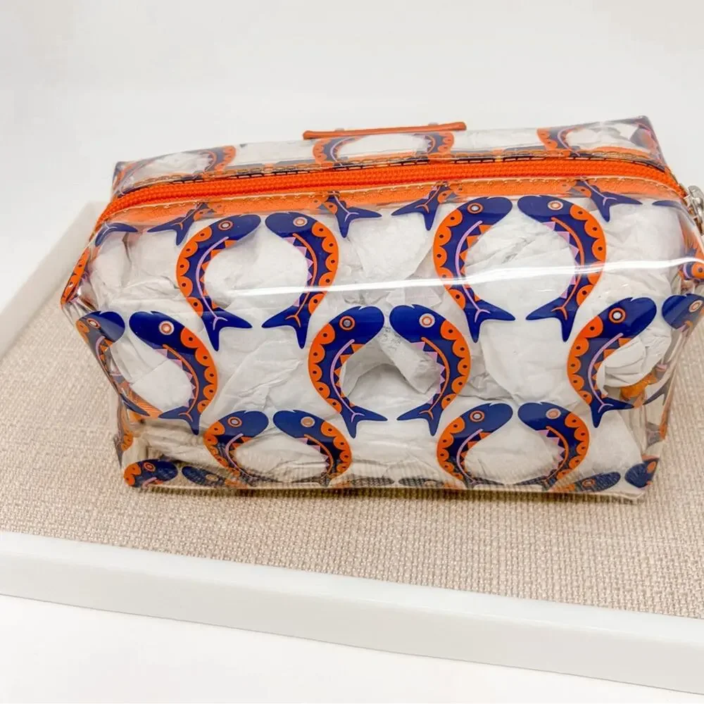 NEW Stella & Dot Kissing Fish Clear Vibrant Blue and Orange Cosmetic Bag